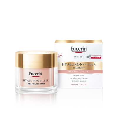 Hyaluron-Filler + Elasticity Rose dnevna krema z ZF30, izdelek in embalaža